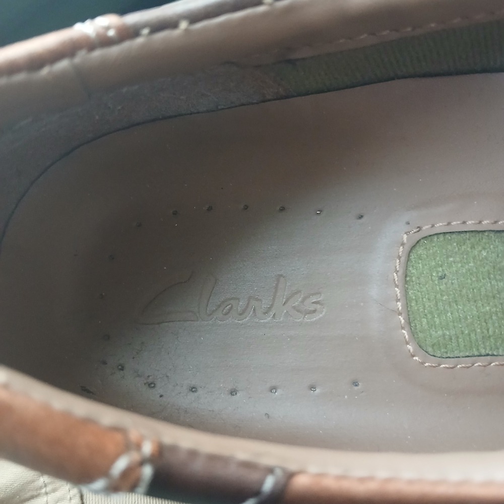 Clarks Loafers 10M Brown Leather Slip On Square Toe Contrast Stitch 70846 Mens‎ - Picture 5 of 10